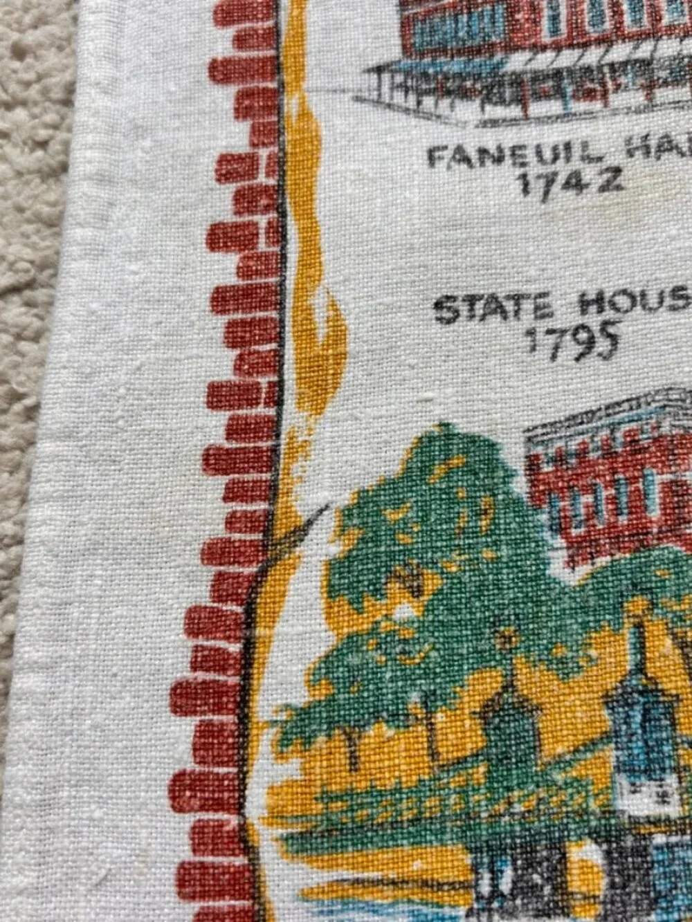Vtg Stevens 100% Linen Souvenir Historic Boston Tea Towel Americana